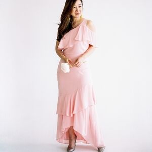 Parker Black Pink Tiered Ruffle Hi Lo Hem One Shoulder Gown Formal Dress Size 6